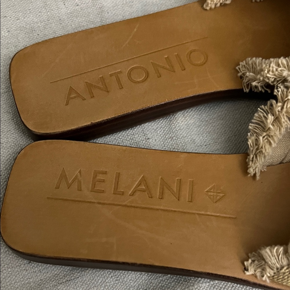 ANTONIO MELANI Frayed Edge Tan Sandals boho Slides - Picture 6 of 8